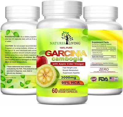 GARCINIA CAMBOGIA 95% HCA + APPLE CIDER VINEGAR 60 Pills for Weight Loss 3000mg