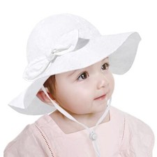 Baby Girl Sun Hat with UPF 50 Outdoor Adjustable Beach 0-6 Months Beige White