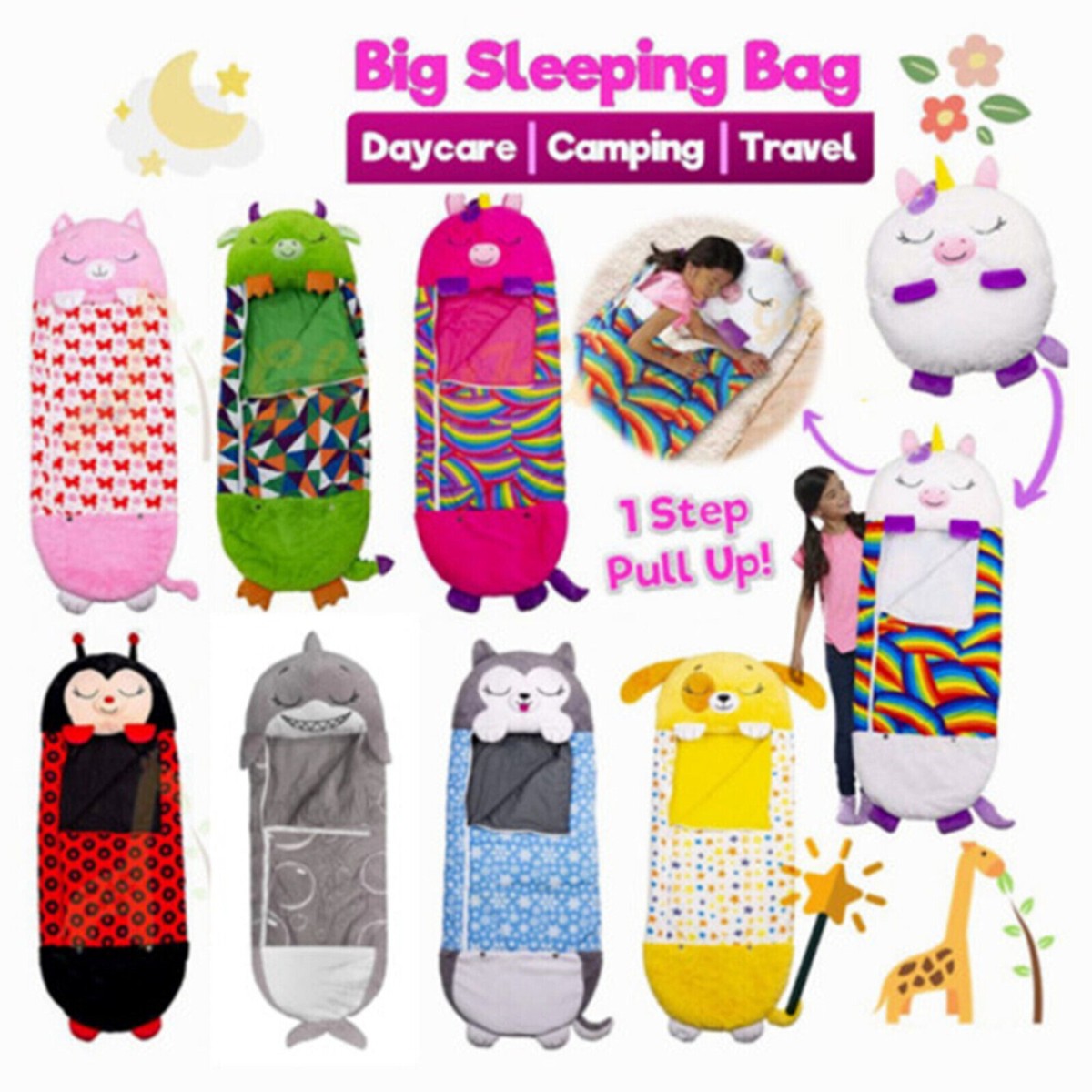 Large Sleeping Bag Happy Napping Napper Kids FUNNY Pillow Warm Camping  Unicorn