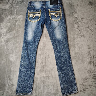 Rok Jeans Mens 30x32 Acid Wash Blue Hand Crafted Moto Skinny Faded Thick Stitch