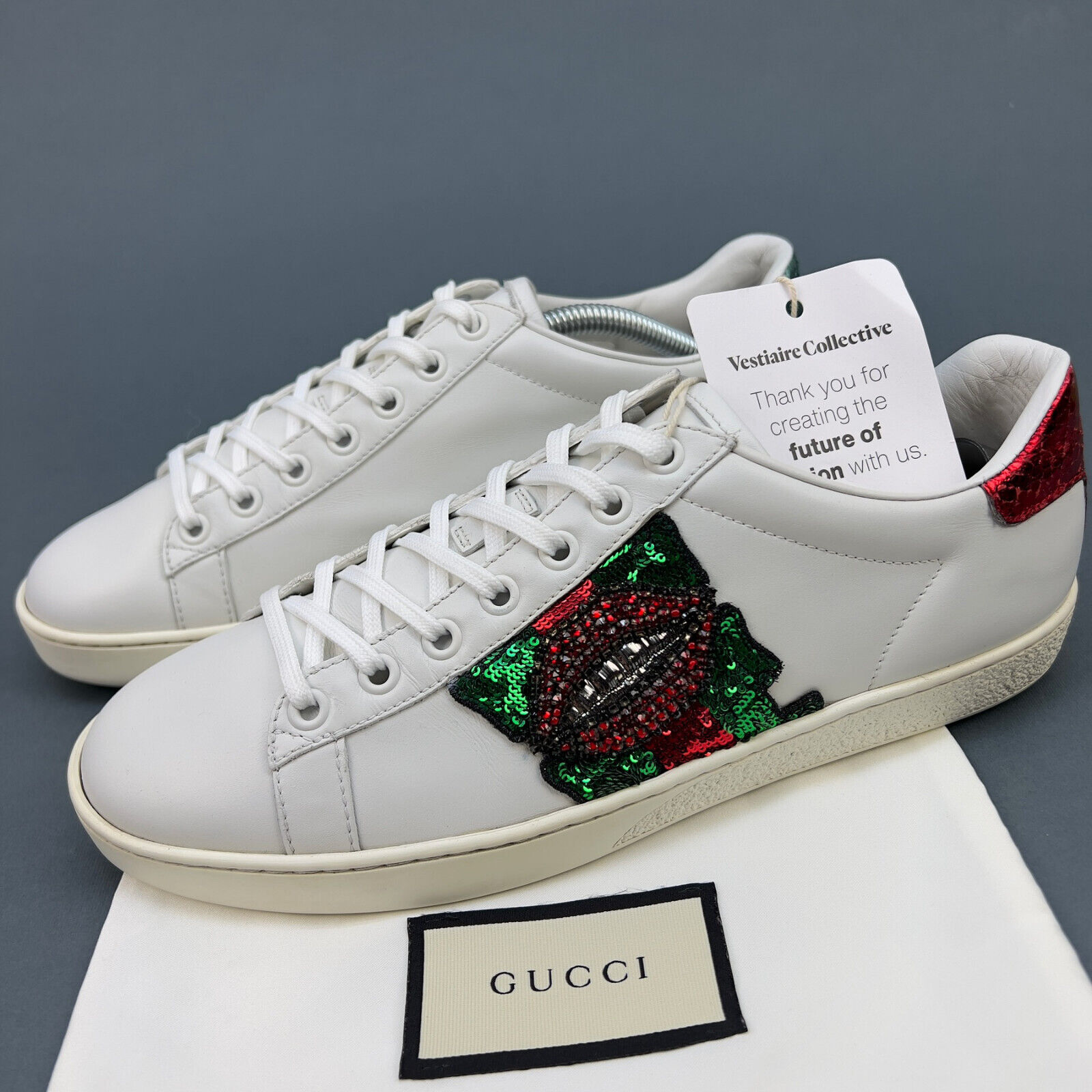 GUCCI Ace Lips low top sneakers leather white python heels 8 US 38 EUR  431919