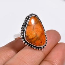 Sponge Coral Gemstone Ring Orange Stone 925 Sterling Silver Statement Rings