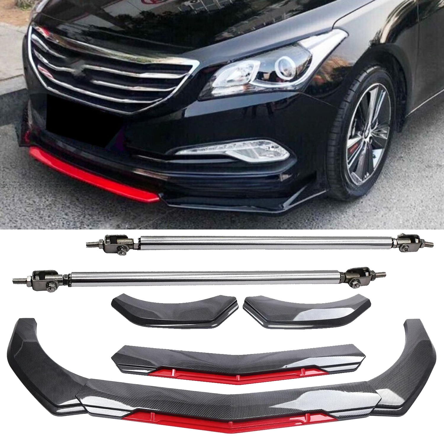 Hyundai Sonata Front Lip Spoiler Carbon Fiber Splitter with Strut Rod  