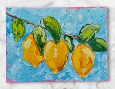 Lemon Branch 3D Original Oil Painting Citrus Semi-Abstract Art Handmade Wall Art