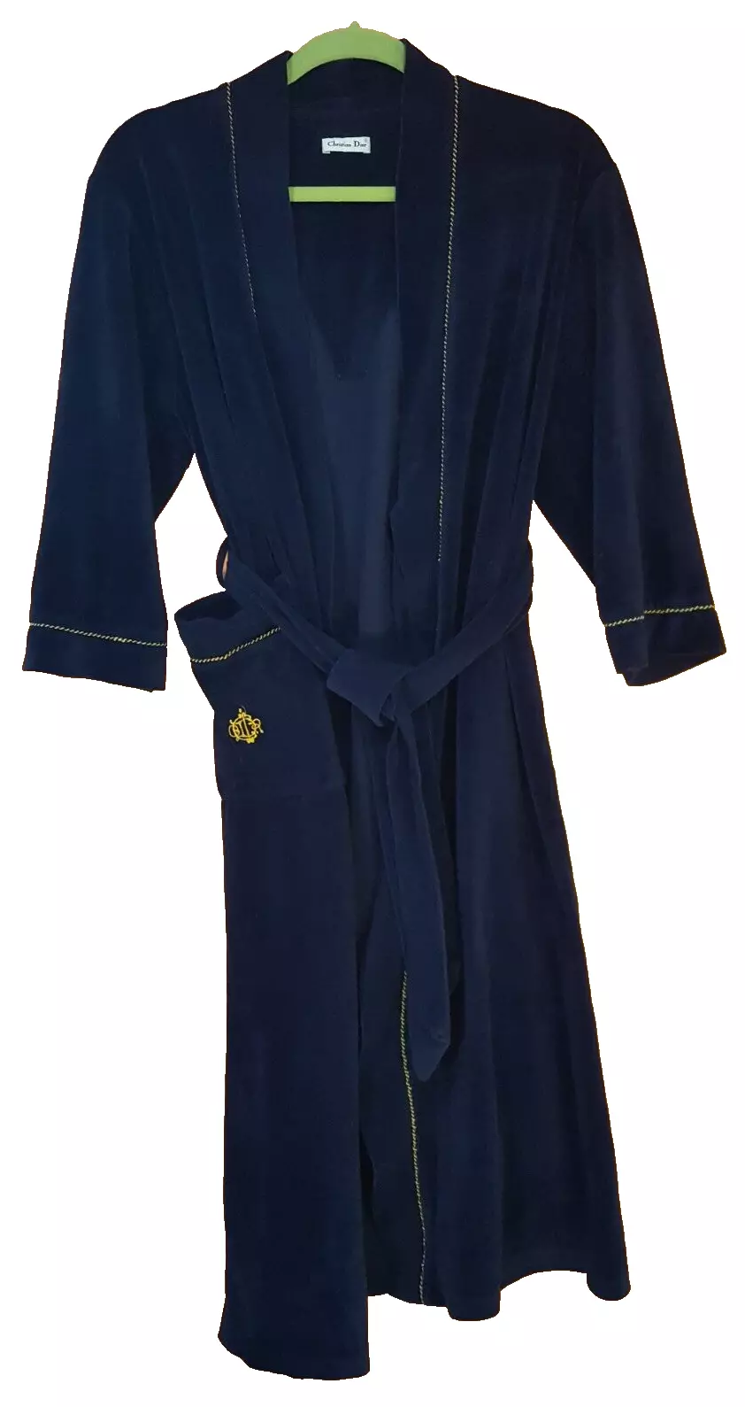 Robe ceinturée Christian Dior bleu marine et or velours logo pas de taille vintage