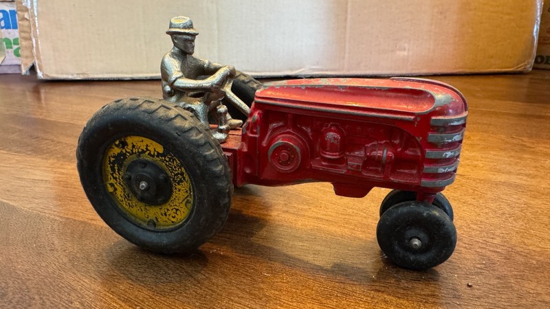 Vintage Red Metal Tractor 1940s Farm Toy Rubber Tires Driver Figure
