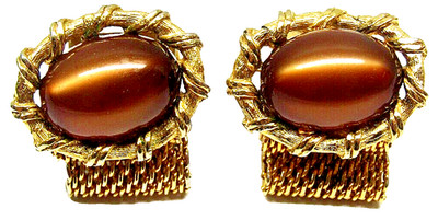 Vintage Moonglow Cufflinks Brown Cabochon Gold Tone Wrap Around Men s