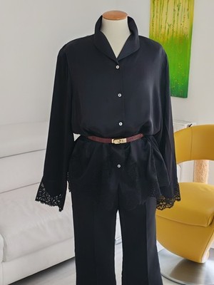 Elegance 100% Seide Bluse mit Spitze Gr. 44 Schwarz