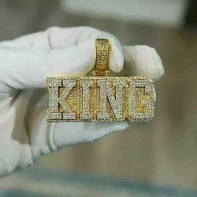 2.50Ct Real Moissanite Custom Letter KING Pendant 14K Yellow Gold Plated Silver