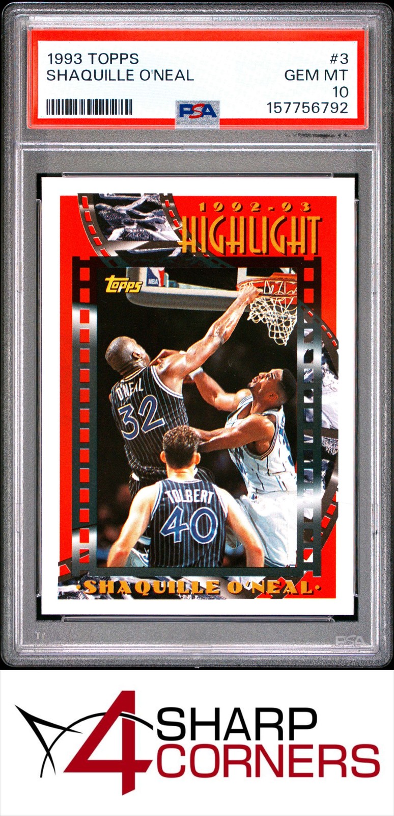 1993 TOPPS #3 SHAQUILLE O'NEAL MAGIC HOF PSA 10 view 1