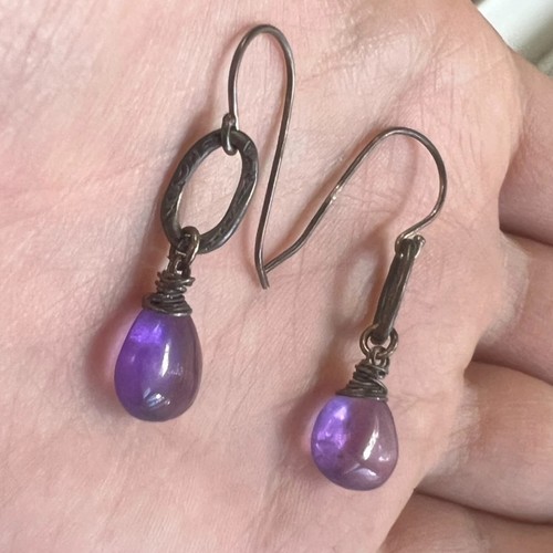 Amethyst Sterling Silver Earrings Artisan Handmade PMC Studio Jewelry Oxidized
