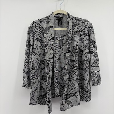 Alfred Dunner Studio Two-fer Top Cardigan Gray Black Women PS Leaf Metallic