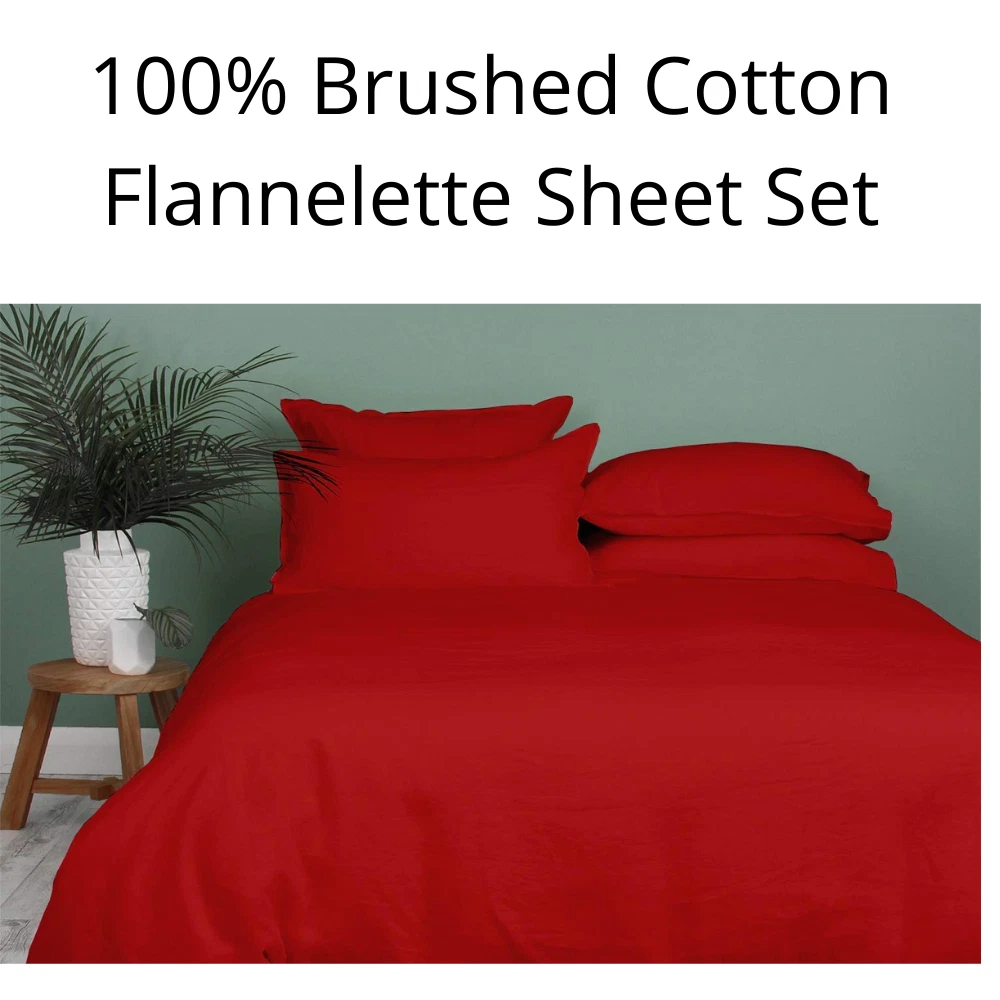 100 Brushed Cotton Flannelette Sheet Set Fitted Flat Sheet 2 x Pillowcases