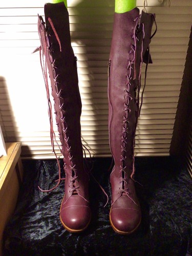 Lace Up Knee High “Clockwork Fairy” Boots Burgundy/Plum Leather Zip EU 42 US 10