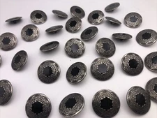 Silver Shank Round Button w/ Black Rhinestone Hieroglyphs Leaf Border 21mm D811G