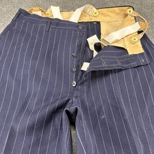 VINTAGE Wool Pants Mens 32x27 Blue Navy Wide Leg Slacks Pinstripe Button Fly 40s