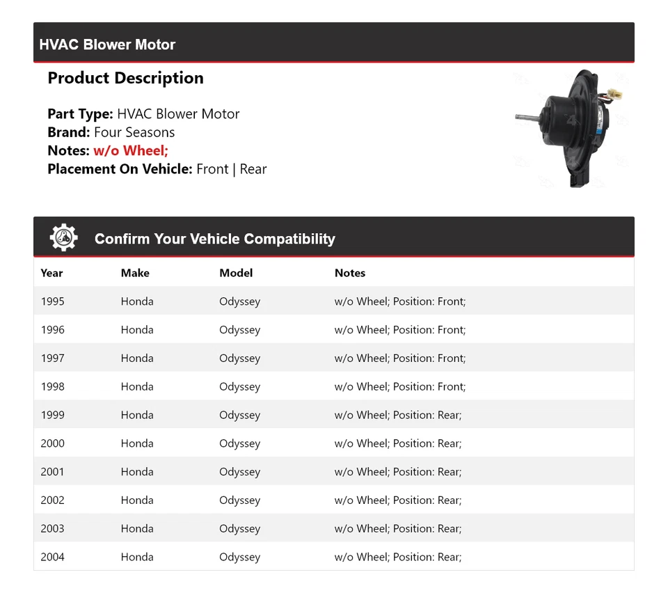 Motor soplador de climatización para Honda Odyssey 1995-2004 4 estaciones 1996 1997 1998 1999 2000 Foto 2 de 4