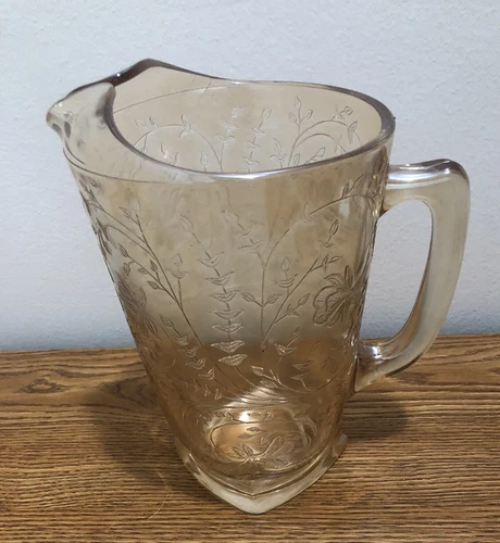 Vintage Jeannette Glass FloraGold Iridescent Pitcher, 64 Ounce Capacity.
