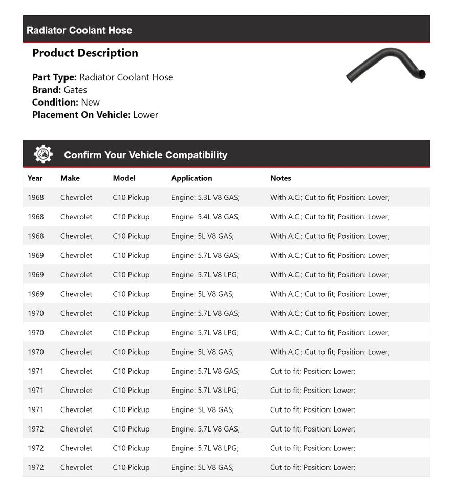 Для 1968-1972 Chevrolet C10 пикап радиатор охлаждающей жидкости шланг нижние ворота 1969 1970 - Изображение 2 из 4