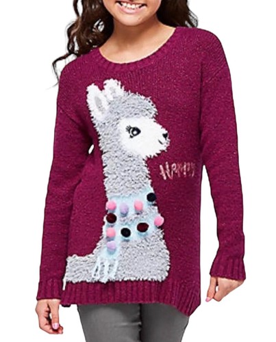 Justice Girl’s Size 18 Maroon Llama Sequin Sparkle Pom Pom Long Sleeve Sweater - Picture 8 of 8
