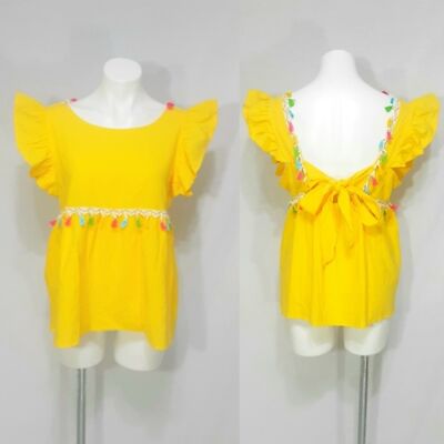 Women s Yellow Boho Backless Top US 12 Flutter Sleeves Crochet Tassel Summer Top
