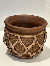 Maceta de barro artesanal vintage con paja tejida tejido ratán florero decoración 3,5" de alto