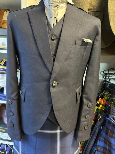 Scottish Argyle Kilt Jacket & Waistcoat in Navy Blue Crail Style in 40 Reg £159