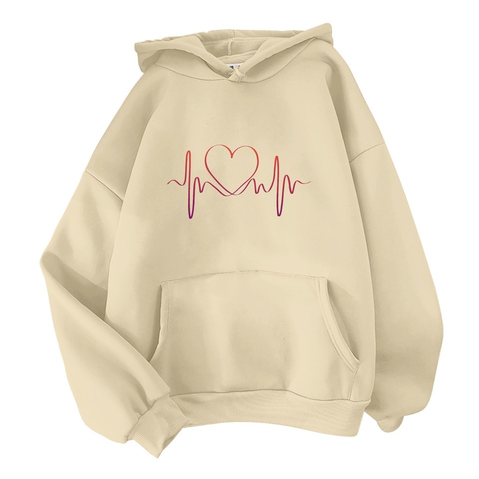 Women's Love Heart Pinted Hooded Sweater Long Sleeve Casual Crew Neck