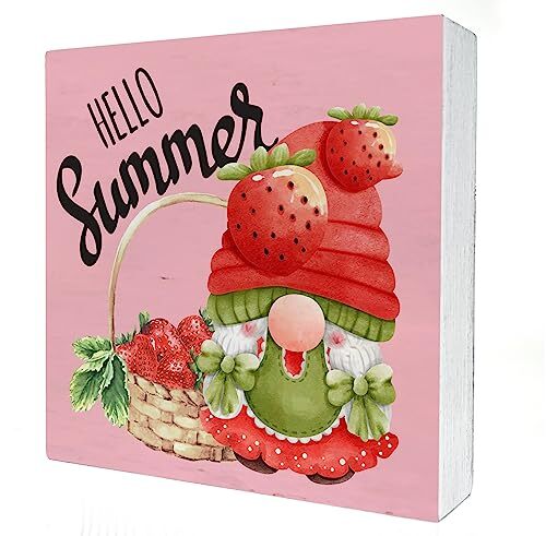 Caja de madera Hola verano letrero decoración escritorio flamenco gnomo bloque madera placa caja - Imagen 1 de 5