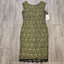 LYMAN BY FRANK LYMAN CITRUS Chartreuse DRESS Size 6 BLACK LACE Sequin OVERLAY