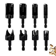 8 Pack Wood Plug Cutter Drill Bit Set 1/4 Inch Hex Shank Straight & Tapered Plug