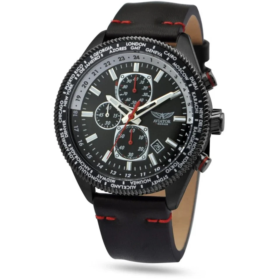 Мужские часы-хронограф Aviator VD7 черный кожаный ремешок — AVAW9485 - Изображение 2 из 4