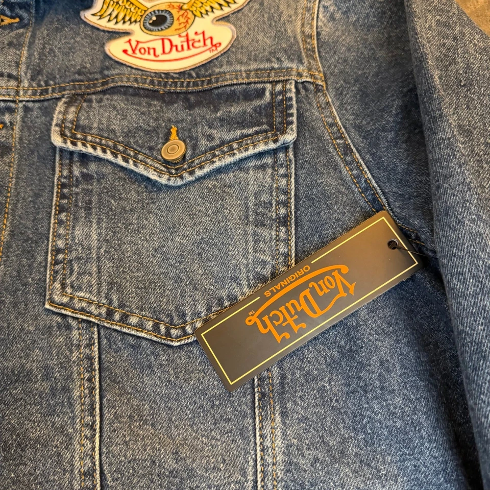 Chaqueta de mezclilla Von Dutch azul parche envejecido logotipo abotonado para hombre grande nueva con etiquetas Foto 2 de 4