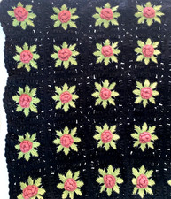 VTG Crochet Granny 3D Rose Square Quilt Flower Blanket Cottagecore 78 x 54
