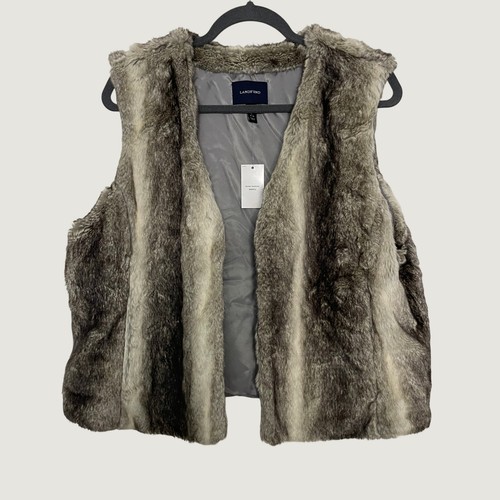 Lands End Faux Fur Open Front Vest Gray Striped Plush Glam Winter Outerwear L