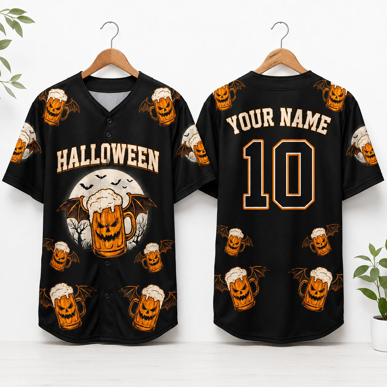 Spooky Pumpkin Beer Mug Baseball Jersey Button Down Halloween Bat Wings Shirt