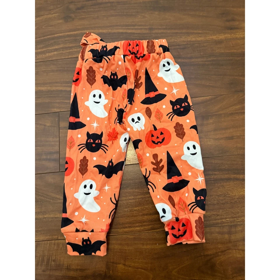 Calça pull-on Halloween infantil menina laranja estampa de férias gatos fantasmas tamanho 80/2TT - Imagem 3 de 4