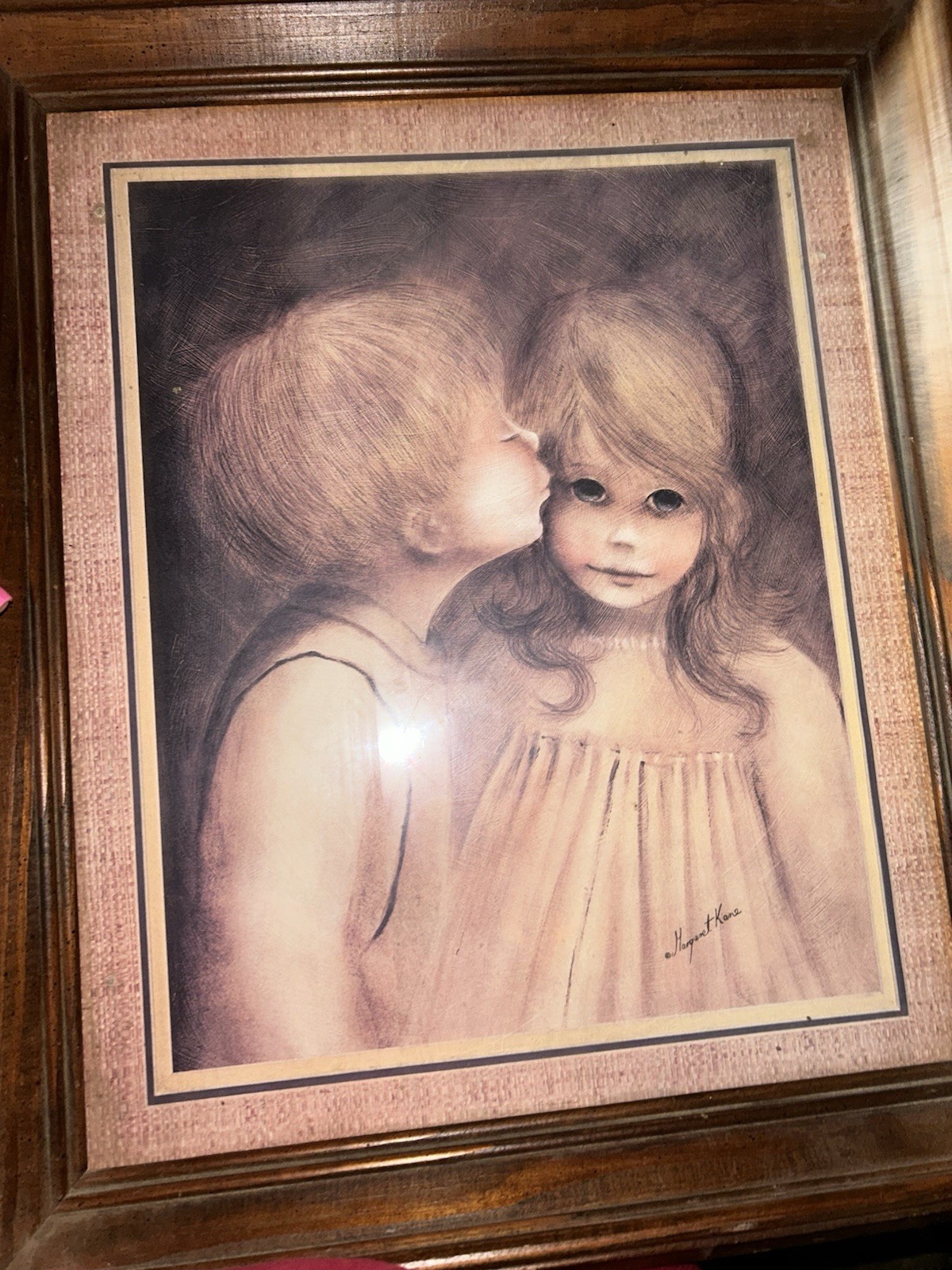 Margaret Kane, “A Little Kiss, Framed Signed Art Print, 17" x 20" Mid Century 
