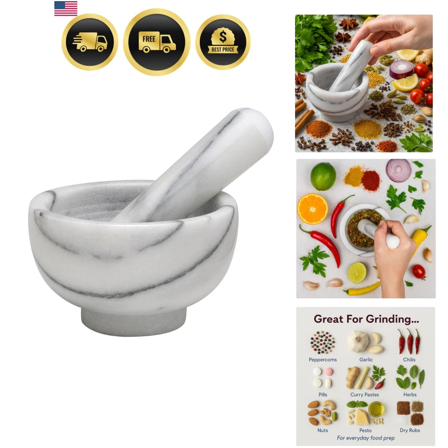 Mortar and Pestle Set, Solid Carrara Marble, 3.8-Inch, Spice Herb Grinder, Pi...
Opens in a new wind