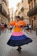 Anthropologie Farm Rio M Orange Pink Blue Color Block Tiered Boho Maxi Dress
