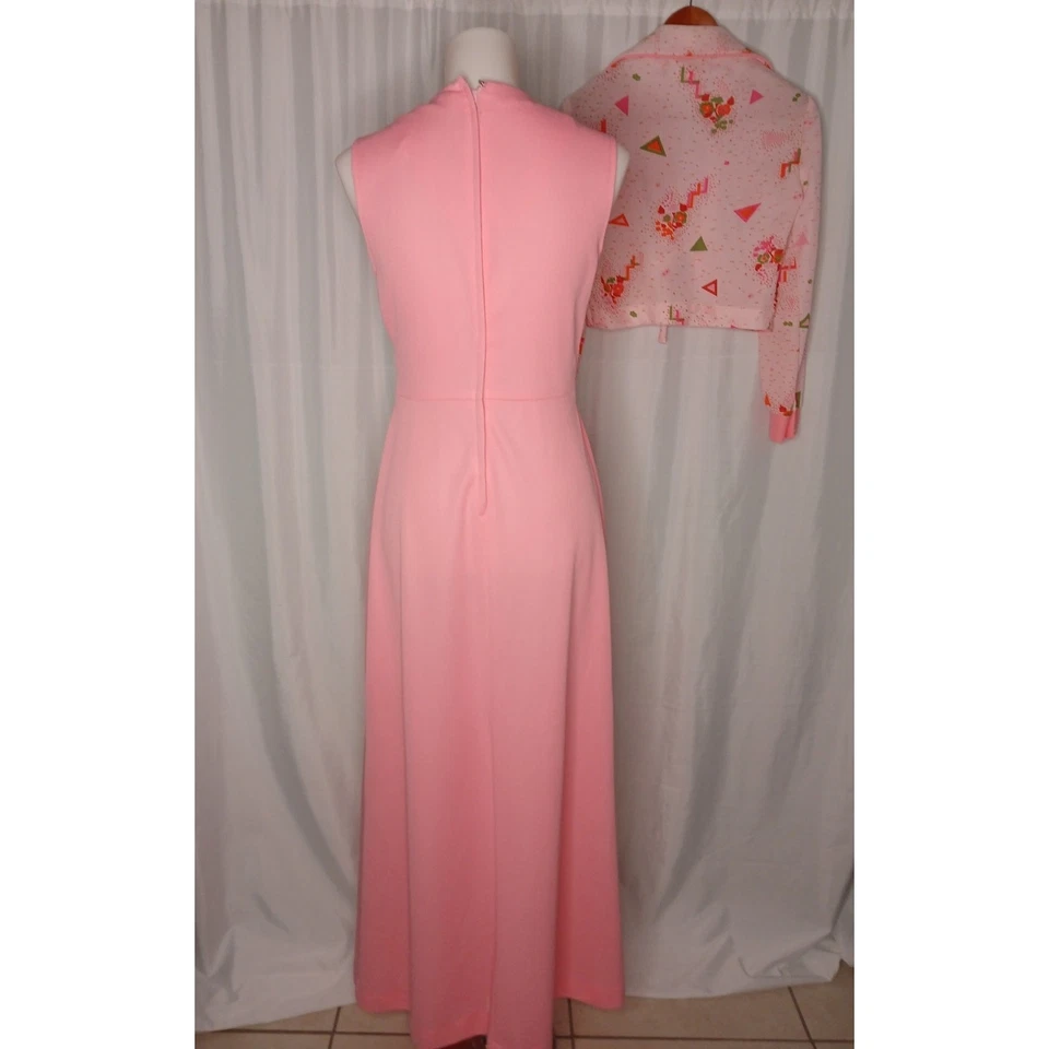Vintage Maxi Dress and Matching Shrug Jacket Set 1960s Mod Geometric Floral Pink - Image 3 of 4
