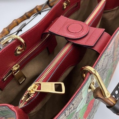 Gucci GG Supreme Flower Bird Tote Bag Bamboo Shopper Used from