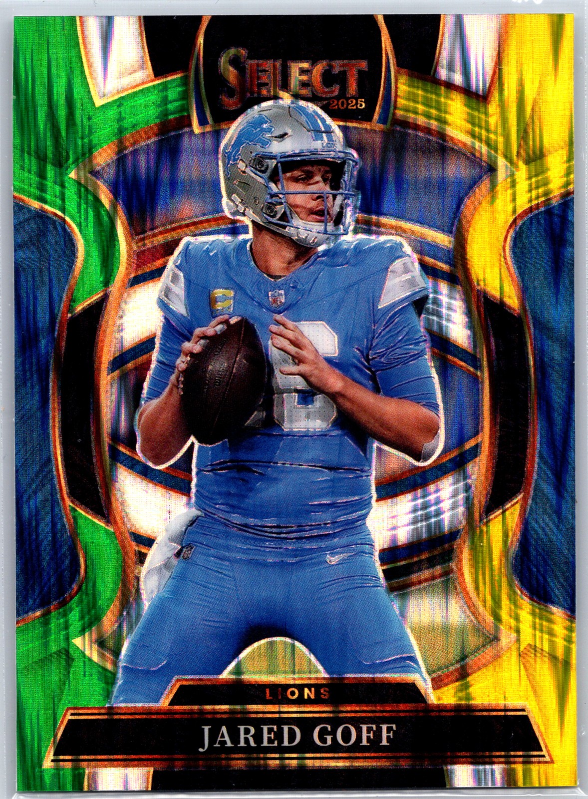 2025 Panini Select #69 Jared Goff Green and Yellow Prizm Shock
