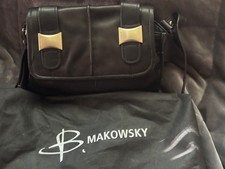 B Makowsky Black Leather Crossbody Shoulder Bag Leopard Lining Dust Bag