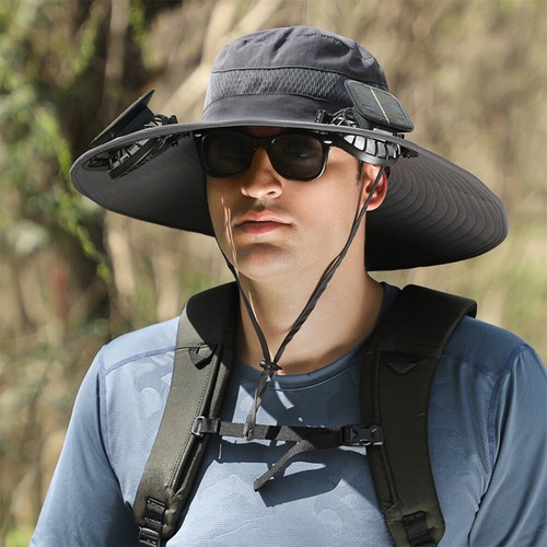 Men Women Outdoor Wide Brim Sun Hat with Solar Fan UV Protection Fishing Hiking - Picture 13 of 21