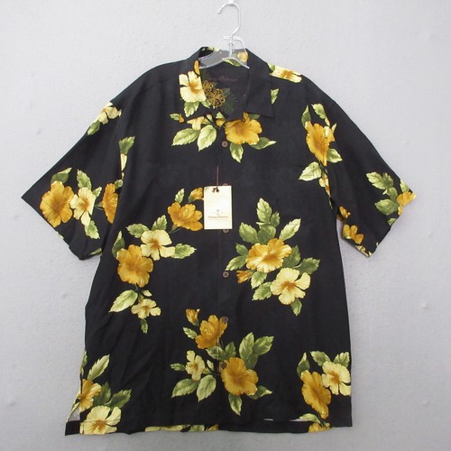 Tommy Bahama Shirt Large Black Yellow Silk Tropical Hawaiian Camp Luau Beach NWT