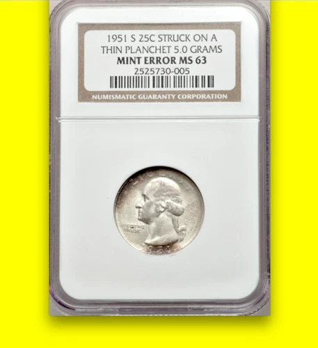 1951-S NGC MS63 Thin Planchet 5 Gram ✅ Error/Pattern Washington Quarter RARE 25C