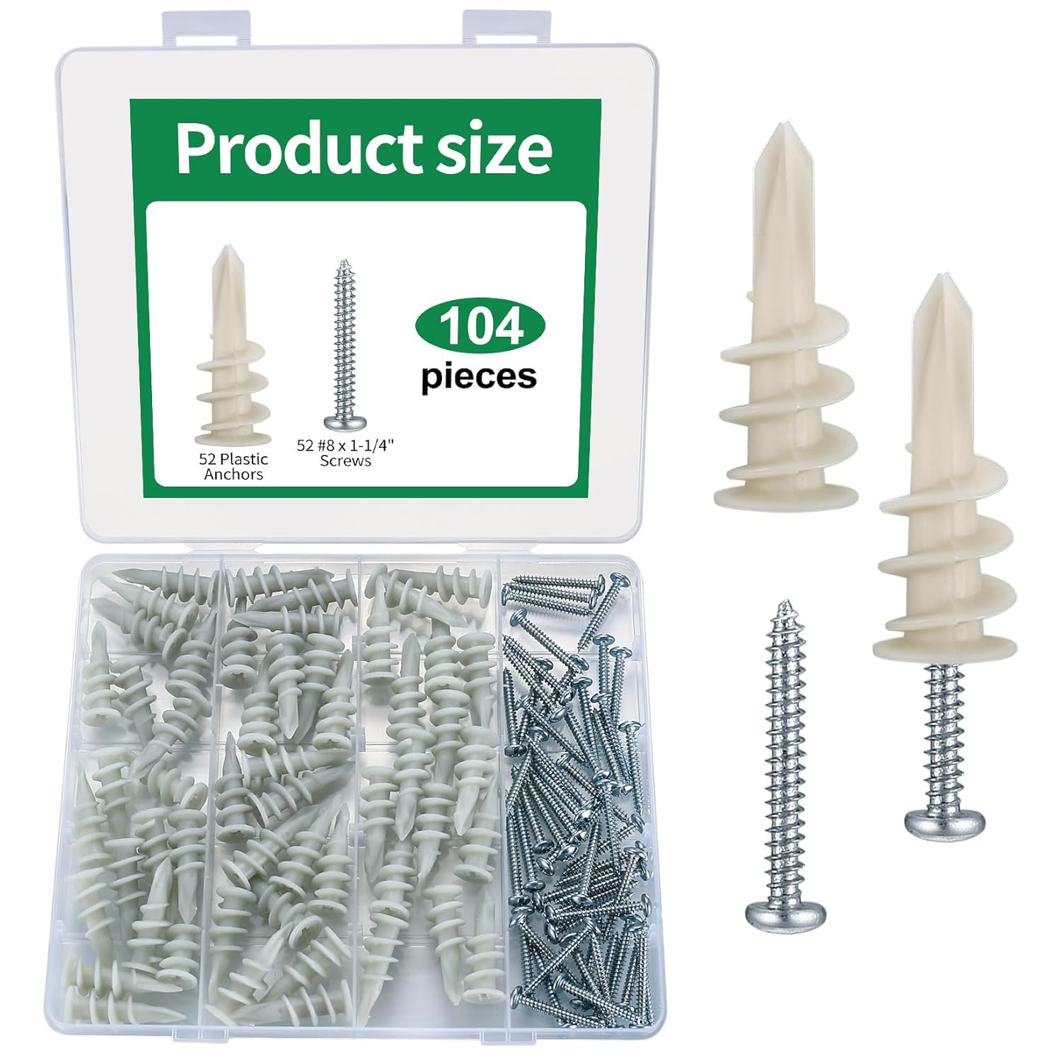 104 Pcs Wall Sheetrock Anchors and Screws Drywall Drilling Hanging and Mounting