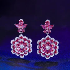 Rose Red Cubic Zirconia CZ Flower Dangle Drop Earrings for Fiancee Engagement