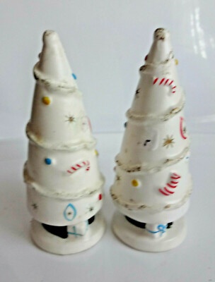 Vtg Napco Japan Xmas Tree Candy Cane Kid Gift Salt & Pepper Shakers Figurin RARE